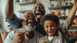 Excited black grandfather, dad and son cheering favorite football team at home