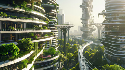 Wall Mural - A cityscape with many buildings. The buildings are covered in plants and trees, giving the impression of a futuristic, eco-friendly city. Scene is one of innovation