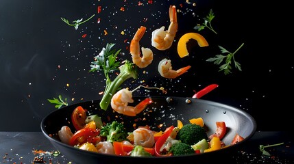 Sticker - Dynamic stir-fry action captured in sharp detail. Fresh vegetables and shrimp mid-air. Culinary photography, vibrant colors. Perfect for recipe visuals. AI