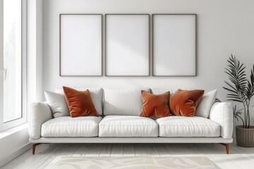 Wall Mural - Set of 3 empty frames on the wall over a white sofa with red - brown cushions. Wall art mockup.