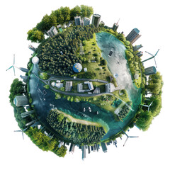 a 3d rendered green tiny planet with forests, rivers and cities, on transparency background PNG