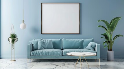 Wall Mural - Frame mockup in home interior with blue sofa marble table and tiffany blue wall decor in living room