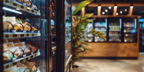 Modern black snack machine in a minimalist shopping center interior. Small business, self-service vending machines in public places.