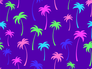 Wall Mural - colorful palm trees seamless pattern. summer time, wallpaper with tropical palm trees on purple back