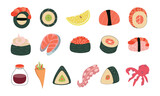 Fototapeta Dinusie - Sushi japanese food set. Icons of different types of sushi rolls with seafood from shrimp, salmon or eel, soy sauce, tentacles. Asian restaurant. Vector illustration.