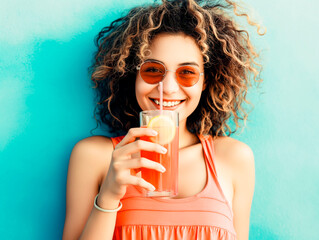 Young woman drinking detox juice with straw in mouth, leaning against blue wall