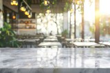 Fototapeta Natura - Empty white marble stone table top and blur glass window interior cafe and restaurant banner mock up abstract background - can used for display or montage your products - generative ai