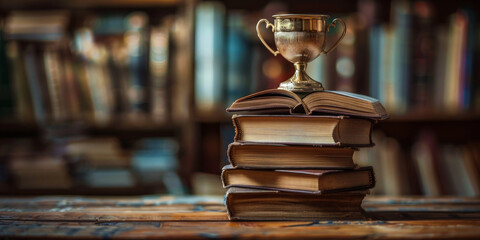 A stack of books with an open book on top and a golden trophy cup, representing education or winning first place in a competition