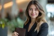 © yj - businesswoman is holding her wallet and showing it to the camera. she appears confident as if trying out for work or business. generative AI