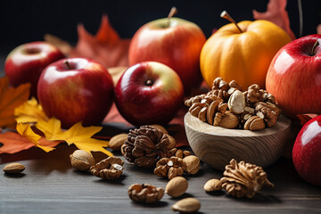 A top view of a wooden cutting board covered with a variety of fresh and colorful fruits vegetables cheese bread and meats generative AI