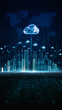 Cloud Computing Network over Digital Cityscape, Digital visualization of cloud computing network and services an illuminated cityscape with global map background. 3d rendering
