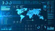 World Map Data Analysis Technology Interface Display, Data visualization interface with world map and location, graphs, and analytics indicators in blue digital tone. 3d rendering
