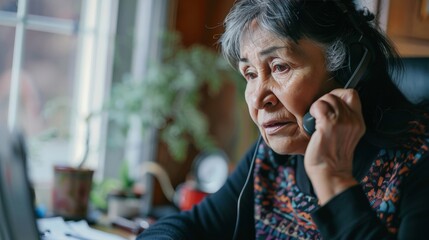 A domestic violence hotline worker on a call, providing help