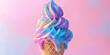 colorful ice cream cone with melting swirls of pink and blue against an isolated pastel background.