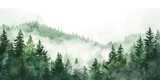 Fototapeta Dziecięca - green watercolor  forest with fog on white background,	
