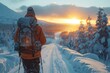 An adventurer laden with a backpack watches a stunning sunrise in a snowy, forested mountain landscape