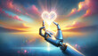 A creative digital illustration. A cybernetic hand tenderly holding a radiant heart in a dreamy sunset , symbolizing the merging of technology with human emotions. Valentine's Day postcard. Copy space
