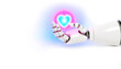 Robot hand gently touching a neon glowing heart on the white background with copy space. Valentine's Day postcard, technology with human emotions, love