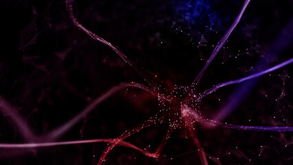 Poster - three-dimensional neuron cell in the brain in blue red colors. conceptual science copy space illustr