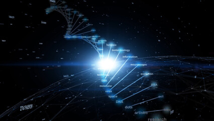 Wall Mural - artistic 3d dna molecule structure with word cloud illustration background.