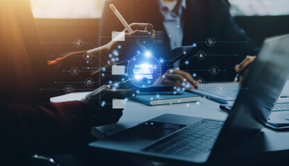 Document management concept. Virtual screen icons Document Management System DMS Online document database, software for efficient archiving, searching and management of company files and data.