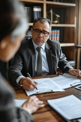 A legal professional discussing documents with a distressed parent, focusing on protective measures