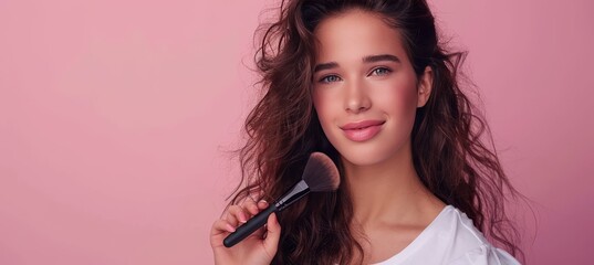 Wall Mural - Elegant woman with long brown curly hair holding makeup brush on soft background with space for text