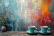 Beautiful tea and cakes afternoon break with copy space abstract art