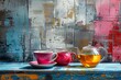 Beautiful tea and cakes afternoon break with copy space abstract art