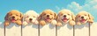 A row of cute puppies with their paws on the edge, each smiling and showing different colors like brown, white or golden retriever. 