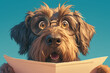 A shaggy brown dog with glasses sitting at an office desk, with a surprised expression on his face, mouth open and eyes wide in amazement as he looks down to the blank sheet of paper
