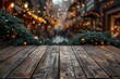 Empty wood table with blur christmas market background with copy space
