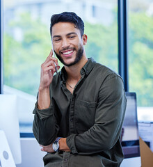 Wall Mural - Happy, man and phone call in office with communication for connection, talking and catch up with conversation. Person, cellphone and speaking on break of creative career as graphic or web designer.