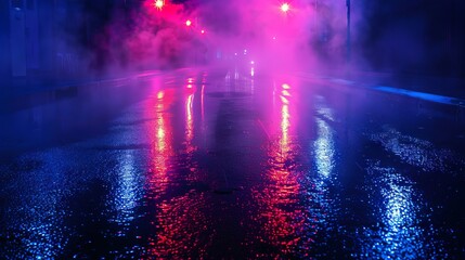 Empty show scene background. Reflection of a dark street on wet asphalt. Rays of red and blue neon light in the dark, neon shapes, smoke. Abstract dark background