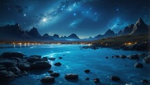 A Blue Alien Landscape With A Starry Sky And A Moon.