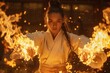 A determined female martial artist with focused eyes is surrounded by intense flames, showcasing strength and skill