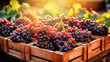 Sunlit Fresh Red Grapes in a Rustic Wooden Crate. Generative ai.