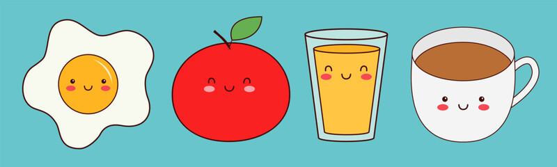 Breakfast healthy food icon set. Coffee tea cup, orange juice glass, fried egg, apple fruit. Cute cartoon kawaii characters. Smiling faces, eyes. Contour line doodle Flat design Blue background Vector