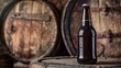 Rustic Beer Bottle Displayed Amid Wooden Barrels in Brewery Cellar