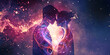 The energy between us is beautiful and tangible - young trendy male and female touching noses against a magenta spark effect and laser light love heart shape connecting them and space for message
