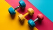 Dumbbells on a colored background. Minimalistic fitness concept. 