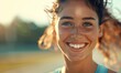 © AIExplosion - Beautiful athletic woman smiling while jogging or trail running in nature.