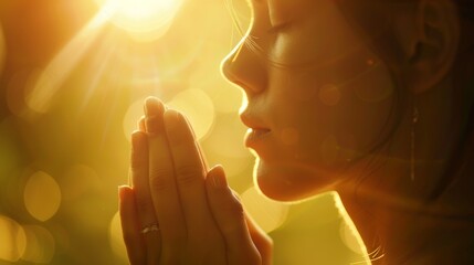 Serene woman praying in golden sunlight. The concept of religion and spirituality.