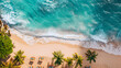 Aerial shot of a tropical ocean beach with palm trees and deck chairs 
