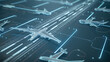 3D render of an airport runway with white planes and route lines on a blue background. vector illustration for flight tracking apps or air traffic control services