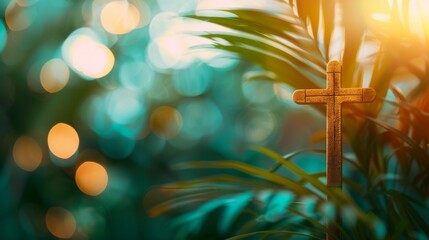 Wall Mural - Palm Sunday concept. Stone cross between palm leaves. Reminder of Jesus' sacrifice and Christ's resurrection. Easter passover. Eucharist concept. Christianity symbol and faith.