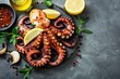 Grilled Octopus with Seasonings and Lemon on Grey Background - Savory Seafood Concept