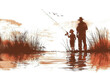 Happy Father's Day greeting card with a hand-drawn sketch of a father and child fishing on a lake. Vector illustration.