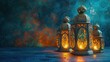 Traditional Arabic lanterns glow warmly on a blue backdrop.