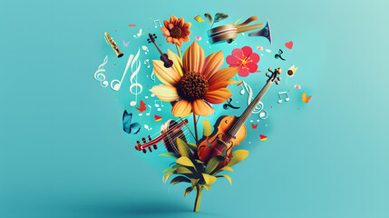 Wall Mural - A blooming flower with different musical instruments sprouting from it. symbolizing global music. A creative concept for music education or world music